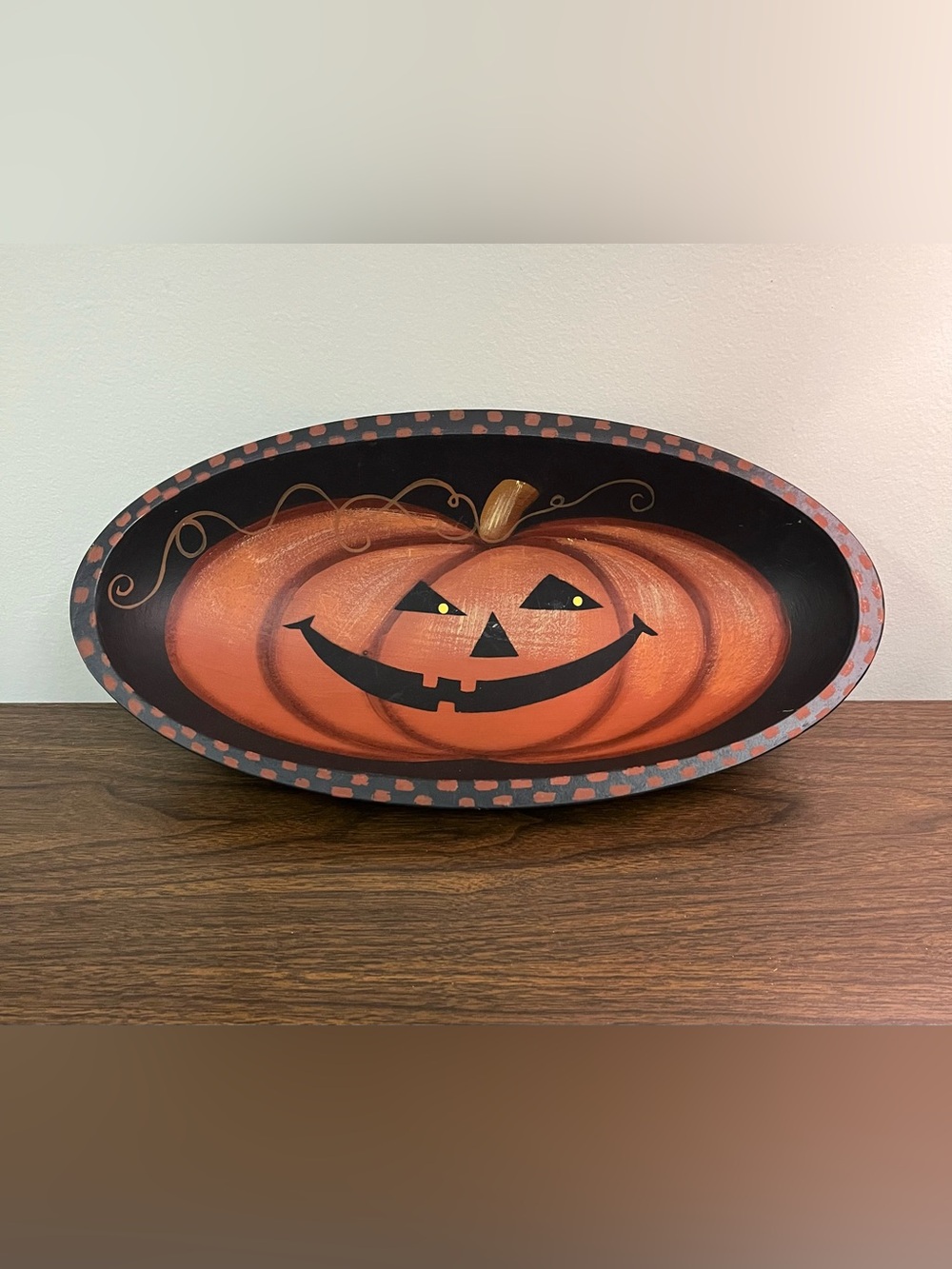 Halloween Pumpkin Wooden Oval Oblong Bowl Hand Painted Designs By Kathy - Picture 2 of 8
